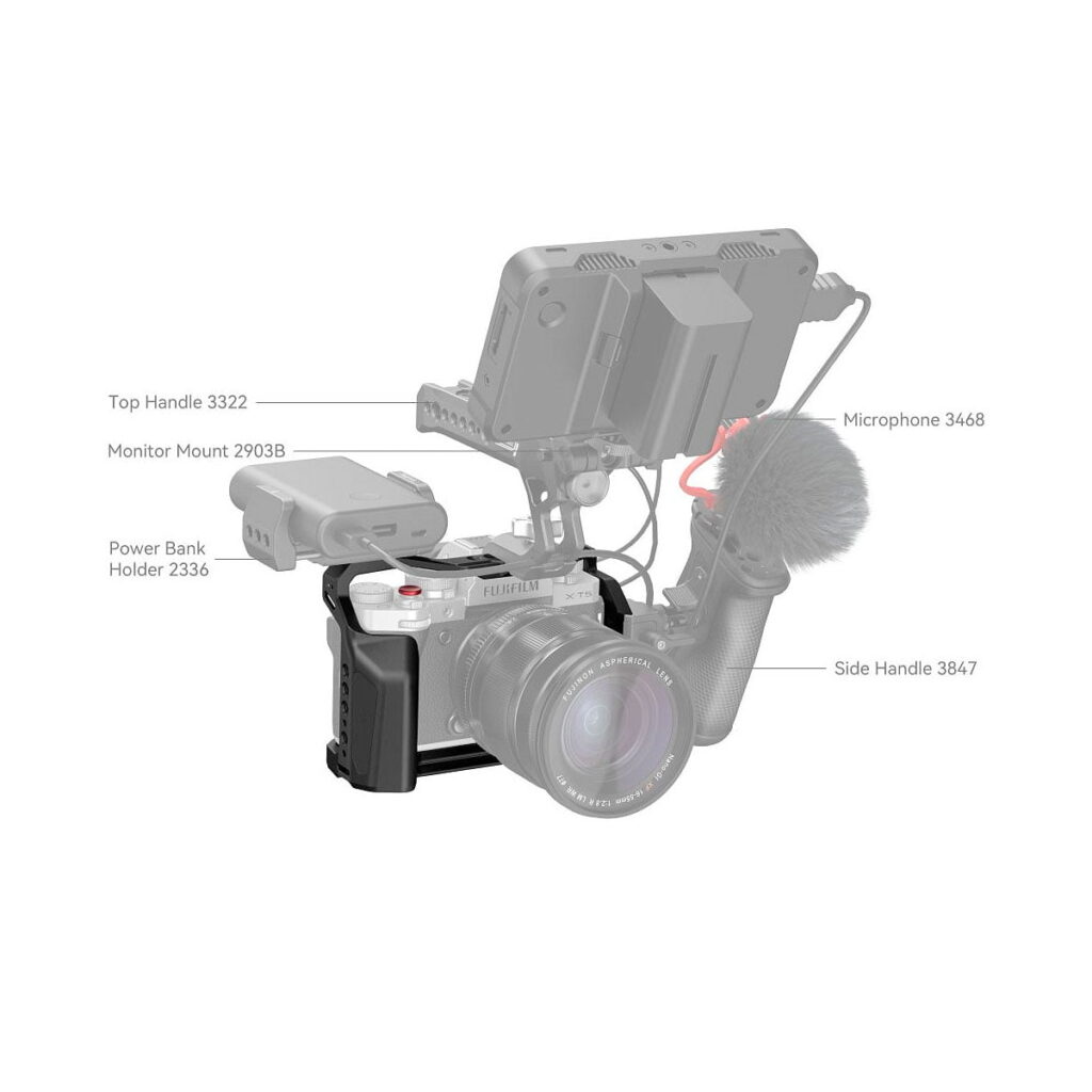 SmallRig_Multifunctional_Cage_for_FUJIFILM_X-T5_4135_004 The SmallRig 4135 Cage for Fujifilm X-T5 comes with the accessories shown in the picture: top handle, monitor mount, microphone, power supply holder and side handle - all attached to the Fujifilm camera.