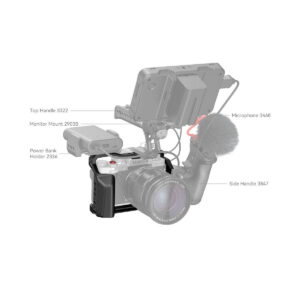 SmallRig_Multifunctional_Cage_for_FUJIFILM_X-T5_4135_004 The SmallRig 4135 Cage for Fujifilm X-T5 comes with the accessories shown in the picture: top handle, monitor mount, microphone, power supply holder and side handle - all attached to the Fujifilm camera.