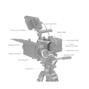 SmallRig_Multifunctional_Cage_for_FUJIFILM_X-T5_4135_005 The SmallRig 4135 Cage for Fujifilm X-T5 is shown on a tripod with the following parts marked: monitor mount, top handle, battery, microphone, matte surface, tracking focus, battery plate, cable clamp, base plate and 15mm rod.