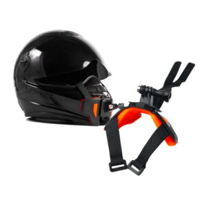 insta360_chin_mount A black motorcycle helmet with a bright orange Insta360 Helmet Chin Mount attached to the front, designed to securely mount and record a hands-free camera.