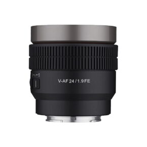 Samyang_V-AF_24mm_T1_9-Sony_FE_001 The black Samyang V-AF 24mm T1.9 lens for Sony FE with textured focusing ring and metal mount is shown against a white background.