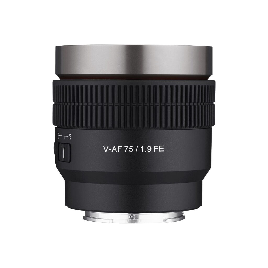 Samyang_V-AF_75mm_T1_9-Sony_FE_001 The black Samyang V-AF 75mm T1.9 lens for Sony FE with a ribbed focus ring and metal mount is shown against a white background.