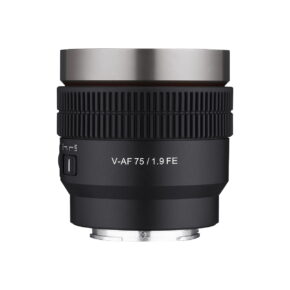 Samyang_V-AF_75mm_T1_9-Sony_FE_001 The black Samyang V-AF 75mm T1.9 lens for Sony FE with a ribbed focus ring and metal mount is shown against a white background.
