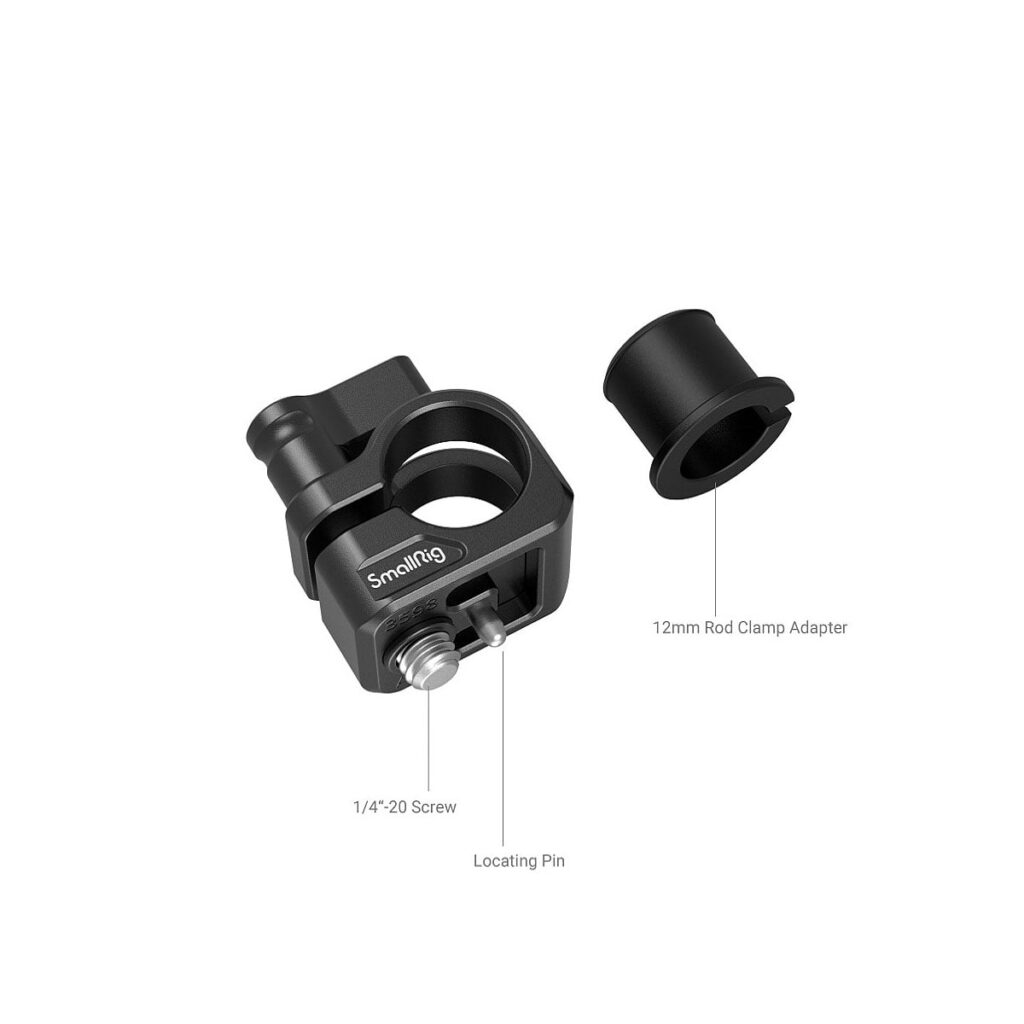 SmallRig_12mm_15mm_Single_Rod_Clamp_3598_006 Musta SmallRig 3598 12mm/15mm Single Rod Clamp on esitetty valkoisella pohjalla, ja siinä on merkinnät 1/4"-20 ruuville, paikoitustapille ja 12 mm:n sauvakiinnikkeen sovittimelle.