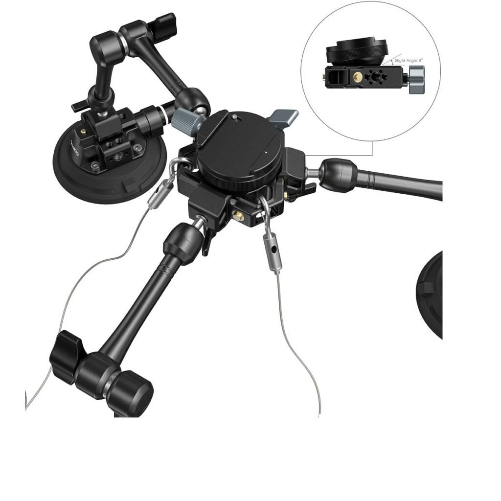 SmallRig 4-Arm Suction Cup Camera Mount Kit SC-15K 3565:n lähikuvassa näkyvät mustat säädettävät kiinnikkeet ja keskeinen lukitusmekanismi, jolla laitteet kiinnitetään.