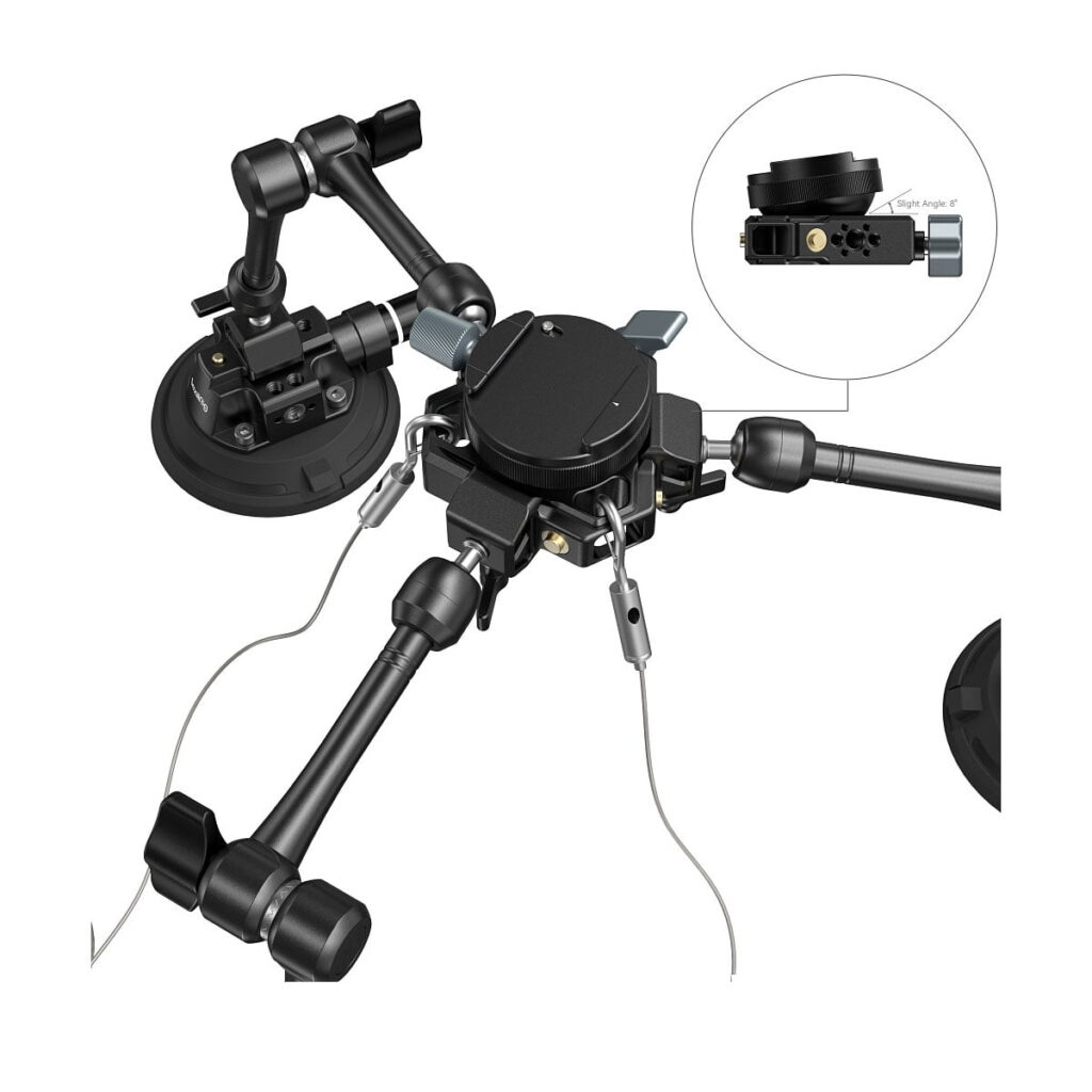 Lähikuvassa SmallRig 4-Arm Suction Cup Camera Mount Kit SC-15K 3565, musta säädettävä laite, jossa on useita käsivarsia, niveliä ja kiinnittimiä pyöreällä alustalla. Sisäkuvassa korostuu yksityiskohtainen liitäntäkohta.
