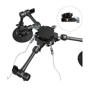 Lähikuvassa SmallRig 4-Arm Suction Cup Camera Mount Kit SC-15K 3565, musta säädettävä laite, jossa on useita käsivarsia, niveliä ja kiinnittimiä pyöreällä alustalla. Sisäkuvassa korostuu yksityiskohtainen liitäntäkohta.