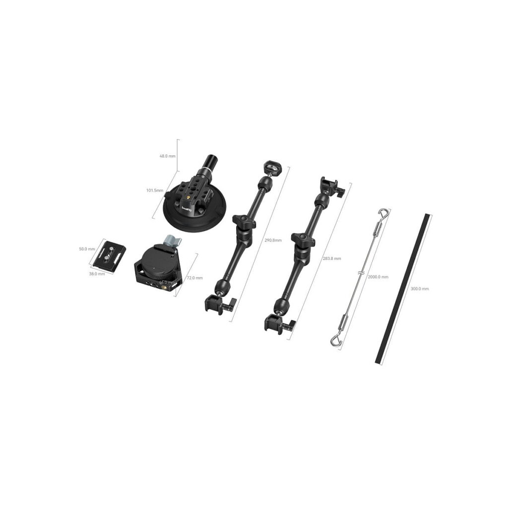 SmallRig 4-Arm Suction Cup Camera Mount Kit SC-15K 3565:n räjähdysnäkymä, jossa on merkitty osat: imujalusta, kiinnityslevy, säädettävät varret, kiinnitin, kaksi tankoa liittimillä, kaapeli ja pitkä musta tanko. Kunkin osan mitat on esitetty.