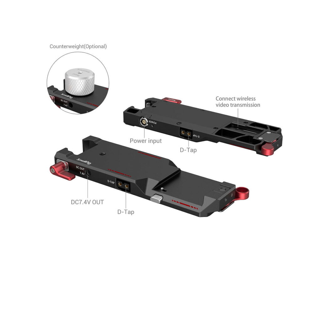 SmallRig_Power_Pass-Through_Plate_For_DJI_RS_2_Ronin-S_RS_3_RS_3_Pro_E3251_002 Kaksi SmallRig 3251 Power Pass-Through -levyä DJI RS 2 / Ronin-S / RS 3 / RS 3 Pro -laitteille ovat mustaa metallia punaisilla korostuksilla, ja niissä on merkitty virransyöttö, D-Tap-portit, DC7.4V-lähtö ja kiinnikkeet vastapainoa tai langatonta lähetystä varten.