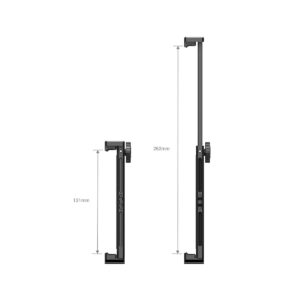 SmallRig_Tablet_Mount_for_iPad_2930_006 SmallRig 2930 Tablet Mount for iPad -tauluteline on esitetty mustasta metallista, vierekkäin: toinen ulosvedettynä 262 mm:iin ja toinen kokoontaitettuna 131 mm:iin, molemmissa on mittatunnisteet ja säätönupit.
