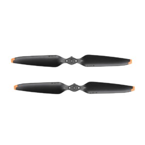 mavic3_low_noise Two DJI Mavic 3 Low Noise propellers are shown side by side on a white background. The black propellers have orange tips and a central mounting hub with visible markings and details.