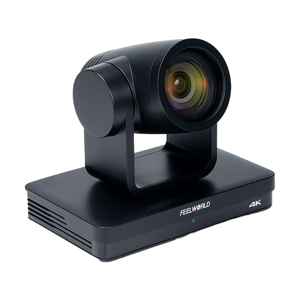 Feelworld_UHD4K12X_002 The black Feelworld UHD4K12X 4K video camera with motorised pan/tilt mount, large lens and sturdy rectangular stand is displayed against a white background.