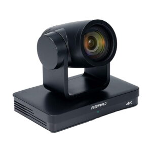 Feelworld_UHD4K12X_002 The black Feelworld UHD4K12X 4K video camera with motorised pan/tilt mount, large lens and sturdy rectangular stand is displayed against a white background.