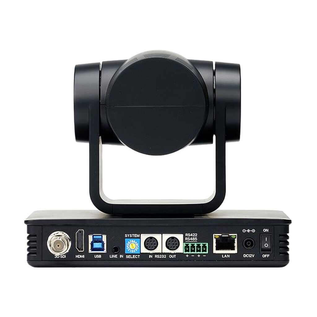 Feelworld_UHD4K12X_003 The Feelworld UHD4K12X PTZ camera, shown in black on the back, has HDMI, USB, LAN, audio and RS232 ports, power input and an on/off switch.