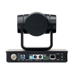 Feelworld_UHD4K12X_003 The Feelworld UHD4K12X PTZ camera, shown in black on the back, has HDMI, USB, LAN, audio and RS232 ports, power input and an on/off switch.