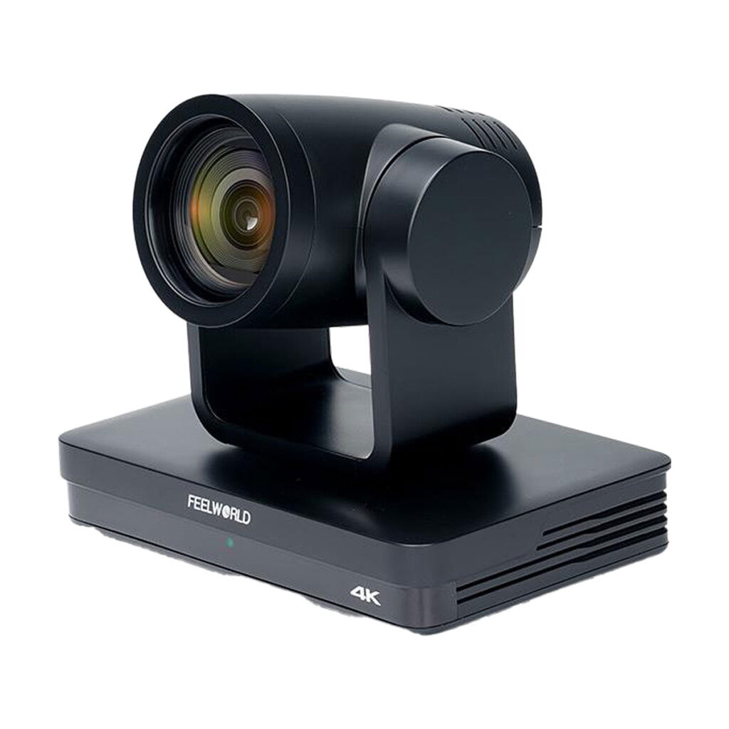 Feelworld_UHD4K12X_004 The Feelworld UHD4K12X is a black 4K video camera with a large lens on a rectangular tripod, designed for professional video recording or streaming.