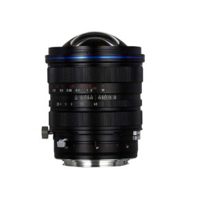 Laowa_15mm_f_4_5_Zero-D_Shift_001 The Laowa 15mm f/4.5 Zero-D Shift lens for Canon EF, black with adjustment rings and red and white markings, is shown upright on a white background.