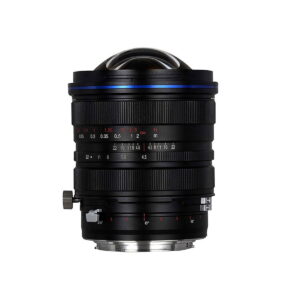 Laowa 15mm f/4.5 Zero-D Shift -objektiivi Canon EF:lle, musta, jossa on säätörenkaat sekä punaiset ja valkoiset merkinnät, on kuvassa pystyssä valkoisella pohjalla.