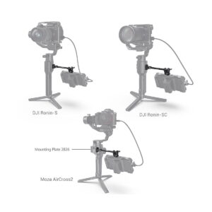 SmallRig_Adjustable_Monitor_Mount_for_Selected_DJI_Zhiyun_Moza_Handheld_Gimbal_Stabilizers_2889_004 Kolmessa kamerakardaanissa - DJI Ronin-S, DJI Ronin-SC ja Moza AirCross2 - on kussakin SmallRig 2889 Adjustable Monitor Mount kiinnitetty asennuslevyyn, joka pitää lisävarustetta levyyn kytketyssä varressa.