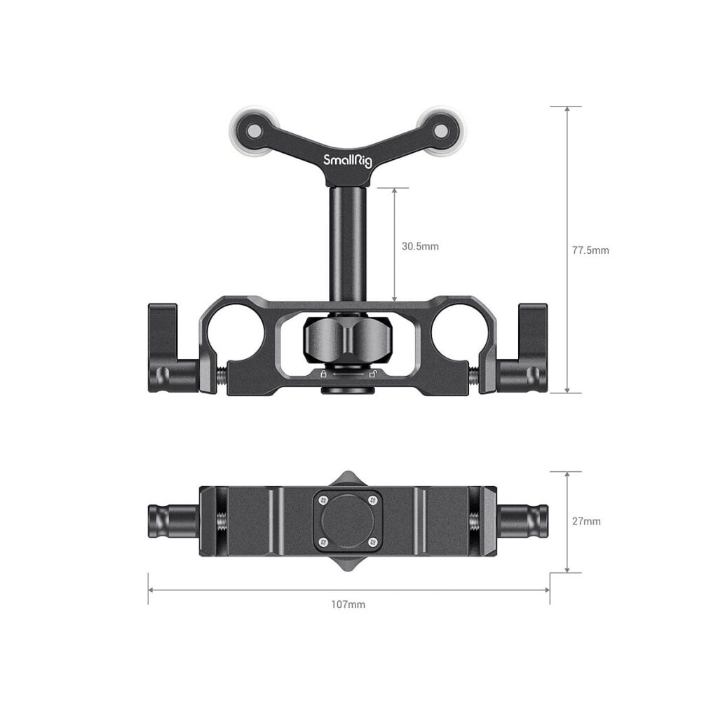 SmallRig_Universal_Lens_Support_LWS_15mm_Rod_Mount_2727_004 SmallRig 2727 Universal Lens Support LWS 15mm Rod Mount -objektiivituen tekninen kaavio, jossa on etu- ja sivukuvat sekä mitat: 77,5 mm korkeus, 107 mm leveys, 30,5 ja 27 mm:n osat; musta metallirakenne, jossa on useita kiinnityspisteitä.