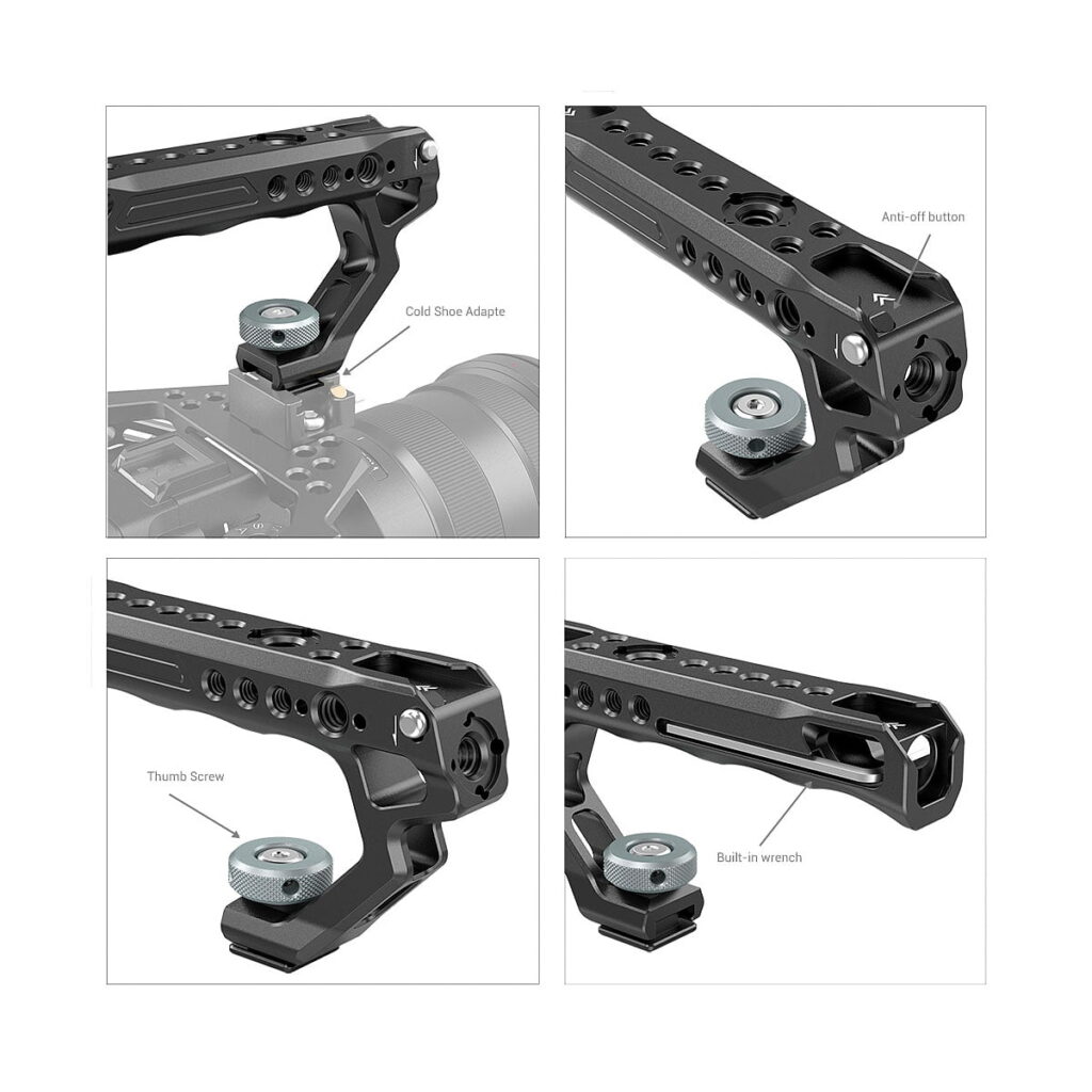 Neljästä kuvasta koostuva kollaasi näyttää SmallRig 2094 Universal Top Handle with Cold Shoe -laitteen kiinnitettynä kameraan ja korostaen sen merkittyjä ominaisuuksia: cold shoe -adapteri, anti-off-painike, peukaloruuvi ja sisäänrakennettu jakoavain.