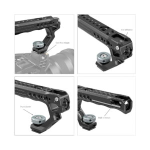 Neljästä kuvasta koostuva kollaasi näyttää SmallRig 2094 Universal Top Handle with Cold Shoe -laitteen kiinnitettynä kameraan ja korostaen sen merkittyjä ominaisuuksia: cold shoe -adapteri, anti-off-painike, peukaloruuvi ja sisäänrakennettu jakoavain.