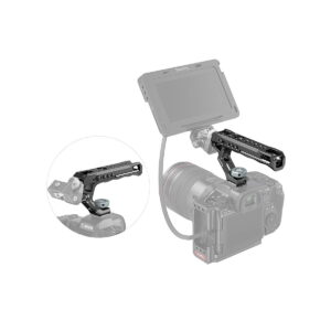 SmallRig 2094 Universal Top Handle with Cold Shoe, mustaa metallia, on kiinnitetty digitaalikameraan, jossa on kahvaan asennettu ulkoinen monitori, joka näkyy lähikuvassa ja täydessä näkymässä yhdessä laitteen kanssa.
