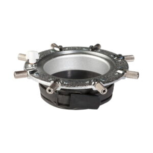 The Elinchrom Rotalux Speedring Profoto is a round metal fitting with six adjustable screws, a black rubber base and a white plastic valve on one side, suitable for secure fixing and precise adjustments.