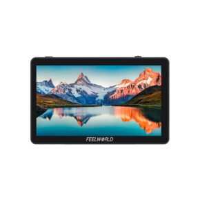 Feelworld Monitor F6 Plus V2 6", jossa näkyy maisema, jossa on lumihuippuisia vuoria, sininen taivas ja näkymää heijastava järvi. Monitorissa on tyylikäs musta kehys.