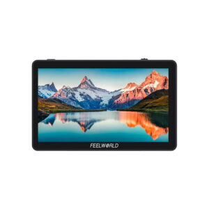 Feelworld Monitor F6 Plus V2 6", jossa näkyy maisema, jossa on lumihuippuisia vuoria, sininen taivas ja näkymää heijastava järvi. Monitorissa on tyylikäs musta kehys.