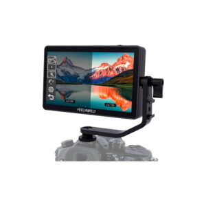 Feelworld Monitor F6 Plus V2 6" -monitori näyttää jaetun ruudun vuoristomaiseman, jossa on värien luokitteluvaihtoehtoja, ja se on kiinnitetty kameraan kääntyvällä varrella.