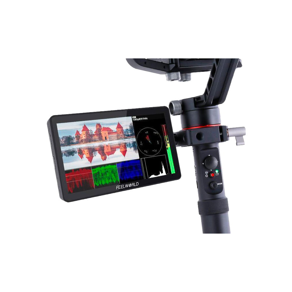 Lähikuva Feelworld Monitor F6 Plus V2 6" -monitorista, joka on kiinnitetty vakaimeen ja jonka näytöllä näkyy maisema, jossa on linna, värigrafiikat ja videoasetukset.