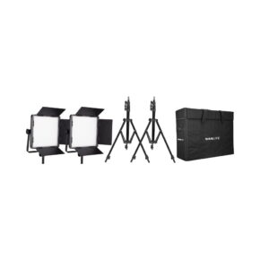 nanlite_600csa_2 NANLITE 2 light kit 600CSA with two LED panels with barn doors, two light stands and a black carrying case, all on a white background.