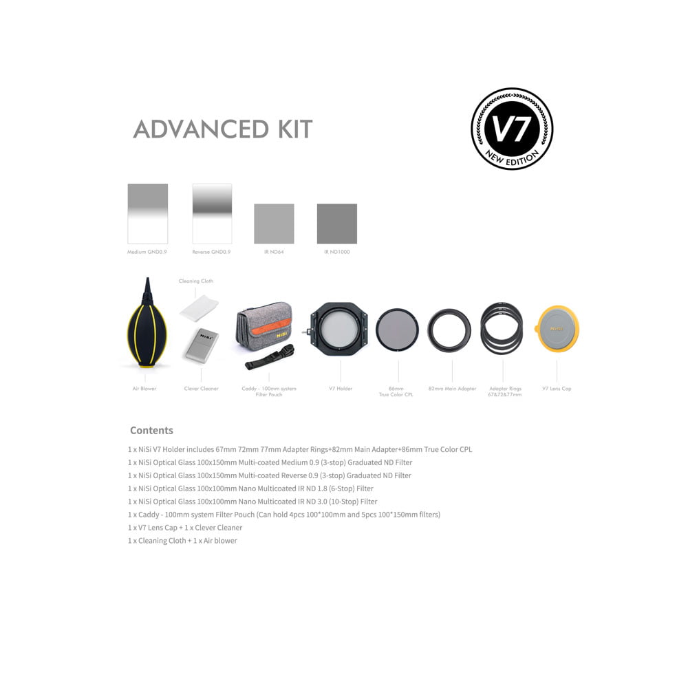 nisi_advanced_100mm_02 The picture shows the NiSi Advanced Kit 100mm System V7 filter kit with filter holder, several adapter rings, ND and polarizing filters, carrying case, lens cleaner, lens cover and cleaning cloth.