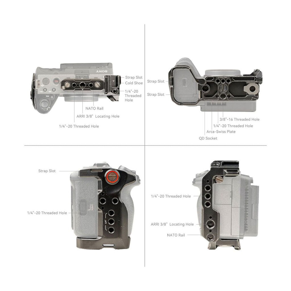 Neljä kommentoitua näkymää SmallRig 4138 Cage for Sony FX30/FX3 -kameran häkistä esittelee erilaisia portteja ja kiinnitysvaihtoehtoja, mukaan lukien NATO-kisko, 1/4"-20- ja 3/8"-16-kierteiset reiät, kylmäkenkäkiinnitys, hihna-aukot, Arca-Swiss-levy ja QD-liitin.