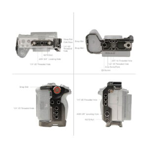 Neljä kommentoitua näkymää SmallRig 4138 Cage for Sony FX30/FX3 -kameran häkistä esittelee erilaisia portteja ja kiinnitysvaihtoehtoja, mukaan lukien NATO-kisko, 1/4"-20- ja 3/8"-16-kierteiset reiät, kylmäkenkäkiinnitys, hihna-aukot, Arca-Swiss-levy ja QD-liitin.