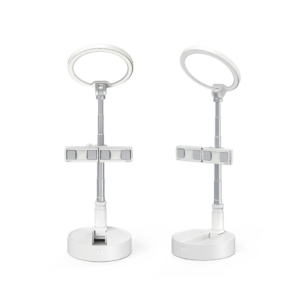 SmallRig_Selection_Portable__LED_Lamp_L10_3242_002 Kaksi SmallRig 3242 Selection Portable LED Lamp L10 -yksikköä, joissa on pyöreät rengasvalot, suorakulmaiset ohjauspaneelit, pyöreät jalustat ja ulosvedettävät varret, on esillä valkoista taustaa vasten.