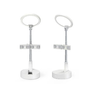 SmallRig_Selection_Portable__LED_Lamp_L10_3242_002 Kaksi SmallRig 3242 Selection Portable LED Lamp L10 -yksikköä, joissa on pyöreät rengasvalot, suorakulmaiset ohjauspaneelit, pyöreät jalustat ja ulosvedettävät varret, on esillä valkoista taustaa vasten.