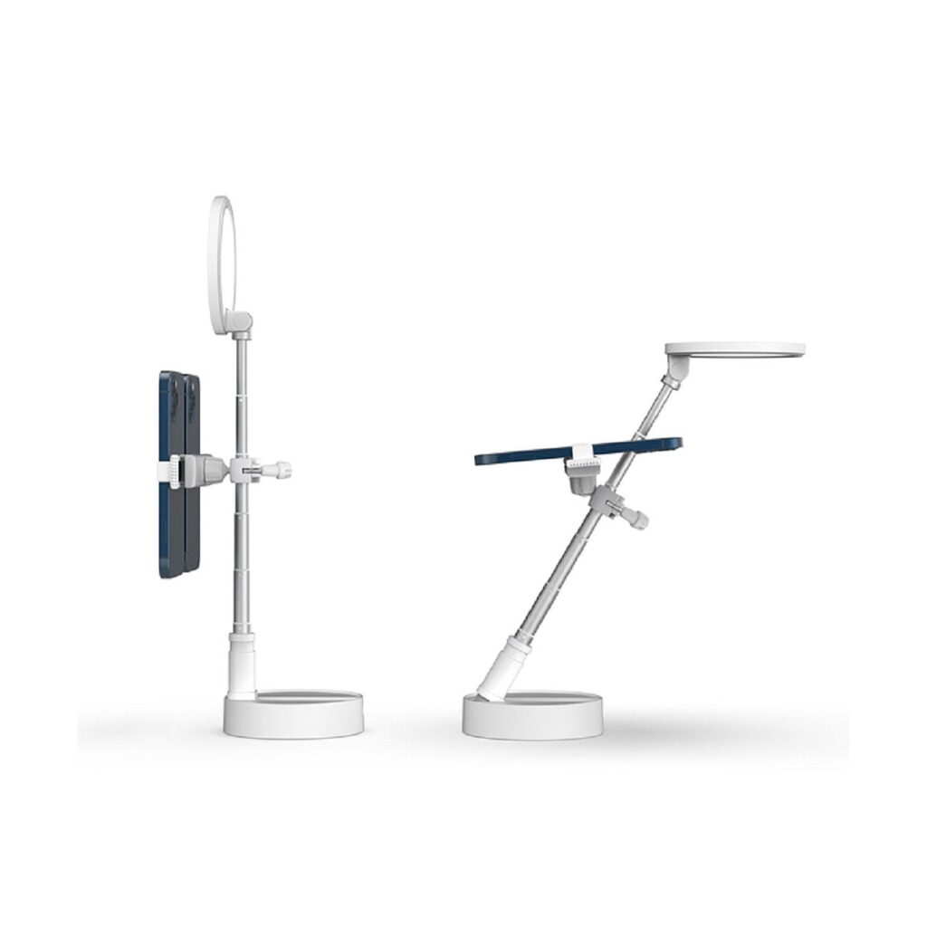 SmallRig_Selection_Portable__LED_Lamp_L10_3242_003 Kaksi SmallRig 3242 Selection Kannettava LED-valaisin L10 säädettävä valkoinen jalusta rengasvaloilla ja puhelimen pidikkeillä, näytetään pysty- ja kulma-asennossa älypuhelimilla. Jokaisessa on pyöreä jalusta vakautta varten.