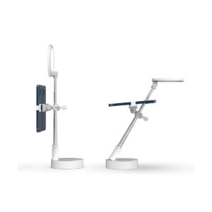 SmallRig_Selection_Portable__LED_Lamp_L10_3242_003 Kaksi SmallRig 3242 Selection Kannettava LED-valaisin L10 säädettävä valkoinen jalusta rengasvaloilla ja puhelimen pidikkeillä, näytetään pysty- ja kulma-asennossa älypuhelimilla. Jokaisessa on pyöreä jalusta vakautta varten.