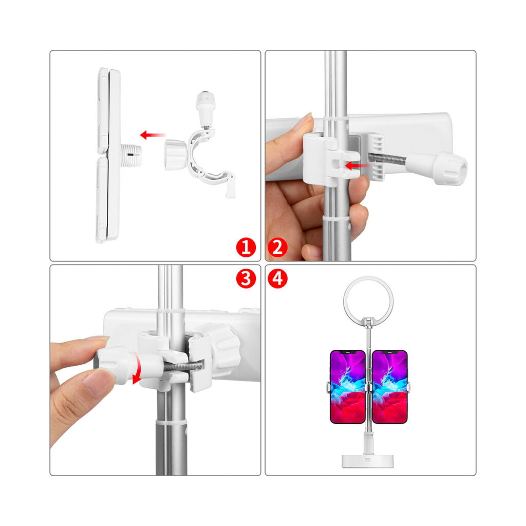 SmallRig_Selection_Portable__LED_Lamp_L10_3242_004 SmallRig 3242 Selection Portable LED-valaisimen L10 nelivaiheiset asennusohjeet: kiinnitä kiinnitin, kiinnitä se tolppaan, kiristä nuppi ja näytä lopputulos, kun LED-valaisin L10 on asennettu käyttöä varten.
