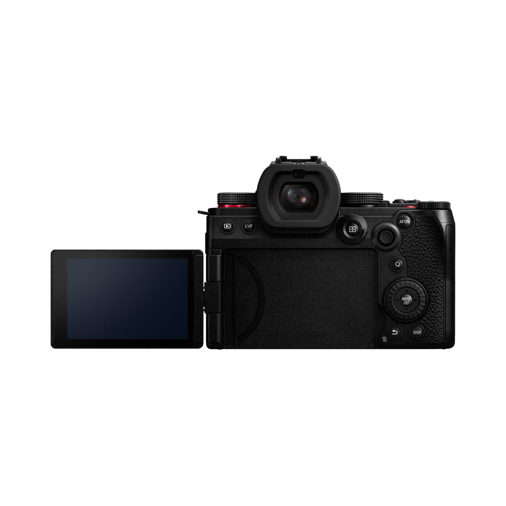 lumix_s5ii_01 Panasonic Lumix S5 II -järjestelmäkameran takaosasta katsottuna sen nestekidenäyttö on käännetty vasemmalle ja useita ohjauspainikkeita on kameran rungon oikealla puolella.