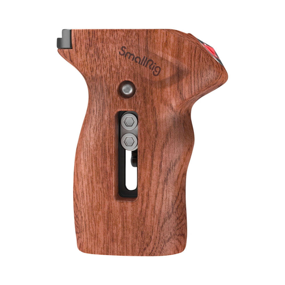 smallrig_3323_02 The SmallRig 3323 twisted side handle features an ergonomic wooden design, a metal button for the disc start and stop trigger, two bolts and an adjustable mounting slot.