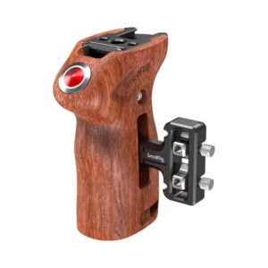 smallrig_3323_03 The SmallRig 3323 twisted side handle has an ergonomic wooden grip, a red red disc start/stop button at the top, a metal mounting bracket on the side, and features the SmallRig logo.