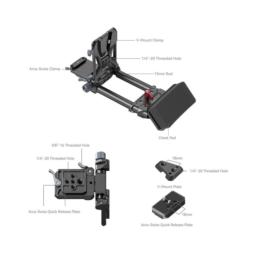 SmallRig_4063_002 Yksityiskohtainen kaavio SmallRig 4063 Advanced Compact V-Mount -akun kiinnitysjärjestelmästä, jossa on merkitty osat - V-mount-kiinnike, tanko, rintatyyny, Arca-Swiss-kiinnike, pikalukituslevy, kierteitetyt reiät ja V-mount-levy - useista eri kuvakulmista.