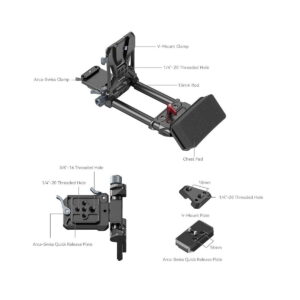 SmallRig_4063_002 Yksityiskohtainen kaavio SmallRig 4063 Advanced Compact V-Mount -akun kiinnitysjärjestelmästä, jossa on merkitty osat - V-mount-kiinnike, tanko, rintatyyny, Arca-Swiss-kiinnike, pikalukituslevy, kierteitetyt reiät ja V-mount-levy - useista eri kuvakulmista.