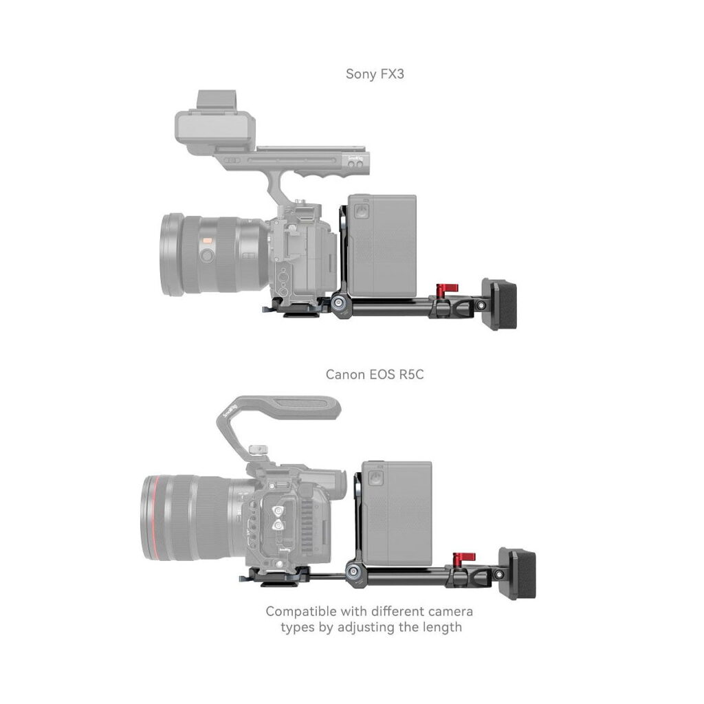SmallRig_4063_003 Vierekkäisissä kuvissa Sony FX3 ja Canon EOS R5C on kiinnitetty SmallRig 4063 Advanced Compact V-Mount -akkujen kiinnitysjärjestelmään, jonka pituus mukautuu eri kameroiden kanssa yhteensopivaksi.