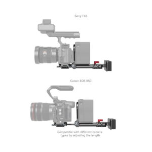 SmallRig_4063_003 Vierekkäisissä kuvissa Sony FX3 ja Canon EOS R5C on kiinnitetty SmallRig 4063 Advanced Compact V-Mount -akkujen kiinnitysjärjestelmään, jonka pituus mukautuu eri kameroiden kanssa yhteensopivaksi.