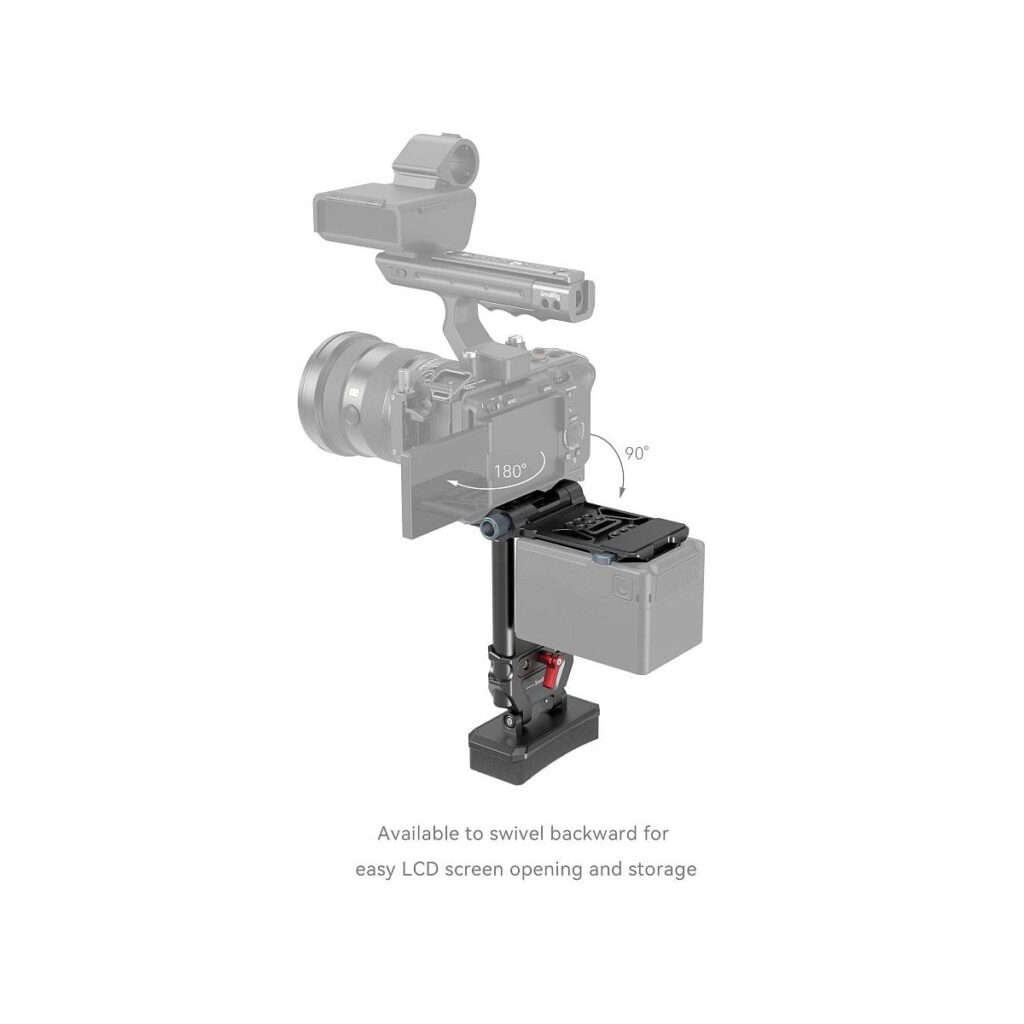 SmallRig_4063_004 SmallRig 4063 Advanced Compact V-Mount -akkukiinnitysjärjestelmä, joka on asennettu laitteeseen, jossa on 180° taaksepäin ja 90° ylöspäin kääntyvä lisävarsi, joka mahdollistaa LCD-näytön helpon käytön ja kätevän säilytyksen. Teksti korostaa näitä kääntyviä ominaisuuksia.