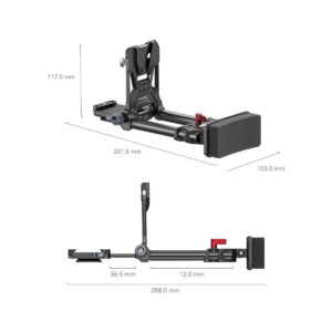 SmallRig_4063_006 Tekninen kaavio SmallRig 4063 Advanced Compact V-Mount -akun kiinnitysjärjestelmästä, musta, kahdesta kulmasta kuvattuna ja mittauksineen: Sivumitat ovat 36,5 mm, 12,0 mm ja 288,0 mm.